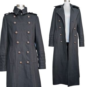 Burberry Style Long Black Military Wool Trench Winter Coat L